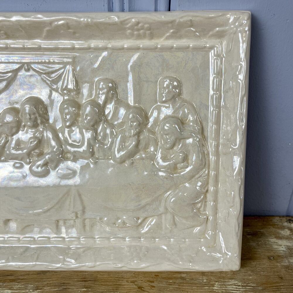Vintage Last Supper Ceramic Wall Plaque White Lusterware Bas Relief 13” Decor - Picture 9 of 16